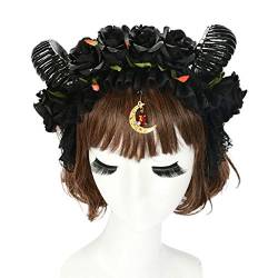 Haarband für Damen, Halloween, Gothic, Rüschen, Spitze, Stirnband, Rose, Schaf, Horn, Mond, Anhänger, Haarreifen von BEBIKR