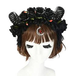 Haarband für Damen, Halloween, Gothic, Rüschen, Spitze, Stirnband, Rose, Schaf, Horn, Mond, Anhänger, Haarreifen von BEBIKR