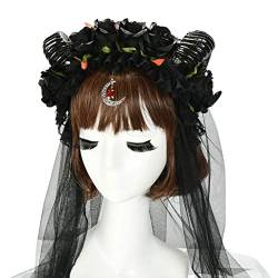 Haarband für Damen, Halloween, Lolita, Stirnband, Schafhorn, Rose, Krone, Netzschleier, Mond, Anhänger, Haarreifen von BEBIKR