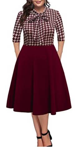 BEDOAR Damen Plus Size Kleid Vintage Fliege Hals Casual Business Arbeit Knielang A-Linie Kleider mit Taschen, Rotes Karomuster, 48 Mehr von BEDOAR