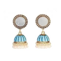 Klassische Goldfarbe Blaue Streifen Bollywood Oxidierte Ladeis Ohrringe Ethnische Perlenquaste Runder Spiegel Jhumka Ohrringe von BEDT