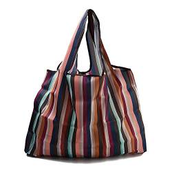 BEEFLYING 3 Stück Faltbare Einkaufstasche Wiederverwendbare Einkaufstasche Waschbare Nylon-Einkaufstaschen für Lebensmittel Heavy Duty mit Tasche (Streifendesign) von BEEFLYING