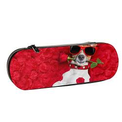BEEOFICEPENG Federmäppchen, Hund liegt im Bett voller roter Blumen, Federmäppchen aus Leder, Stifttasche für Büro, Schule, Schmuckkästchen, Make-up-Pinsel-Box von BEEOFICEPENG