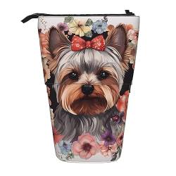 BEEOFICEPENG Teleskop-Federmäppchen, Yorkie-Blumendruck-Ständer, Bleistifthalter, Federmäppchen, Stifttasche, Make-up-Tasche von BEEOFICEPENG