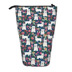 BEEOFICEPENG Teleskop-Federmäppchen, weißer Hund und Blumen-Druck, Ständer, Bleistifthalter, Federmäppchen, Stifttasche, Make-up-Tasche von BEEOFICEPENG