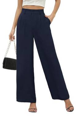 BEIGAI Damen Hosen Sommer Casual High Wasited Weite Hose Elegant Bequem Hose mit Taschen,Marineblau,XL von BEIGAI