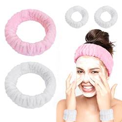 4 Stück Gesichtsband und Handschlaufen, elastische Make-up-Stirnbänder Waschbare Gesichtspflege-Stirnbänder aus Coral-Fleece für Damensport, Schönheit (Rosa, Weiß) von BEIIEB