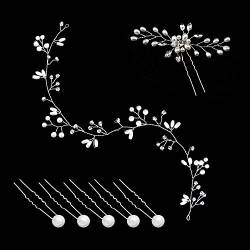 50 cm langes Weinreben-Stirnband mit 1 Strass-Blume und 5 U-förmige Perlen, Weinrebe, Kristall, Brauthaarzubehör (Silber) von BEIIEB