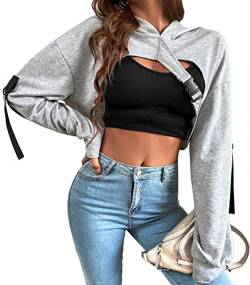 Damen Langarm Cropped Super Crop Top Hoodies Sweatshirt Ästhetisch Punk Hip Hop Tanz Sexy Rave Tuch, Hellgrau01#, S-M von BEJONS