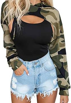 Damen-Sweatshirt, langärmelig, super bauchfrei, ästhetisch, Punk, Hip-Hop, Tanz, sexy, Rave, Festival, Kleidung, grün camo, X-Large-XX-Large von BEJONS