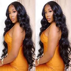 Echthaar Perücke Schwarz Frauen 13x6 HD Body Wave Lace Front Wig 180% Density Transparent Body Wave Lace Front Perücke Naturels Schwarz 24 inch Pre Plucked with Baby Hair von BELE