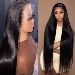 Echthaar Perücke Schwarz Frauen 180% Dichte 13x4 Transparente Spitze vorne Straight Brazilian Virgin Human Hair Wig Natural Color 18 inch von BELE