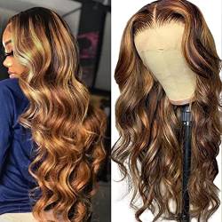 Echthaar Perücke Schwarz Frauen Highlight 4/27 13x6 T Part Body Wave Lace Front Wig 150% Density Ombre 4/27 Body Wave Lace Front Perücke Pre Plucked with Baby Hair 14inch von BELE