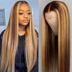 Echthaar Perücke Schwarz Frauen Highlight 4/27 13x6 T Part Body Wave Lace Front Wig 150% Density Ombre 4/27 Straight Lace Front Perücke Pre Plucked with Baby Hair 24inch von BELE