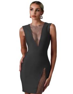 BELLA BARNETT Metallic Mesh Kleid V Ausschnitt Mini Sexy Kleid Atemberaubend für Frauen Schimmer Bandage Kleid Pailletten Datum Nachtkleid, Schwarz, X-Klein von BELLA BARNETT