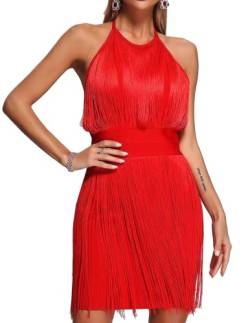 BELLA BARNETT Mode Rot Minikleid Stilvolle Fransen Kleid Trendy Neckholder Kleid für Frauen Sexy Rückenfreies Kleid, Rot/Ausflug, einfarbig (Getaway Solids), Groß von BELLA BARNETT