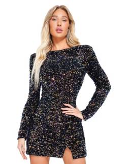 BELLA BARNETT Pailletten Minikleid Sexy Club Kleider Langarm Bodycon Kleid Schlitz Partykleid Kurze Homecoming Kleider, Schwarz, Klein von BELLA BARNETT