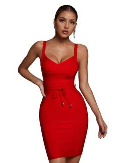 BELLA BARNETT Rosa Minikleid Bodycon Party Club Kleider für Frauen Sexy Tiefer V Ärmelloses Bandage Kleid Homecoming Kleid, Rot/Ausflug, einfarbig (Getaway Solids), Groß von BELLA BARNETT