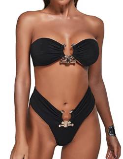 BELLA BARNETT Trägerlose Bikini-Sets für Damen, Micro-Tanga, Bikini, Badeanzug, Set, sexy Badeanzug, zweiteiliger Badeanzug, Schwarz, Medium von BELLA BARNETT