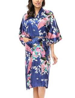 BELLOO Damen Sommer Satin Robe Morgenmantel Lange Stil,Navy Blau,L von BELLOO