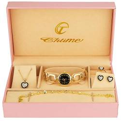 Geschenkset Damen Armbanduhr Schwarz - Schmuck Set- Halskette-Ring- Ohrringe - Armband von BELLOS