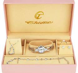 Geschenkset Damen Armbanduhr Silber- Schmuck Set- Halskette-Ring- Ohrringe von BELLOS