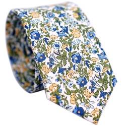 BELLUNO Floral Skinny Krawatte für Herren, Print Blume Krawatte für Hochzeit, Trauzeugen, Missionen, Tänze, Baumwolle Slim Tie + Geschenkbox, Blue Impatiens, Dünn von BELLUNO