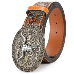 BELTROAD Western Leder Schnalle Gürtel für Männer Frauen Cowboy Cowgirl Herren Ledergürtel für Jeans Weihnachten Herren Gürtel Geschenke, 02-braun (Silberne Bullhead Schnalle), for Wasit 35"-38" von BELTROAD