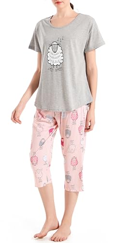 BERDITH Damen Schlafanzug Kurz Sommer Pyjama Baumwollmischung Nachtwäsche Hausanzug 3/4 Lange Capri Hose Sleepshirt Zweiteiliger Damen Nachthemd Kurzarm aus Baumwolle softweich Große Größen von BERDITH