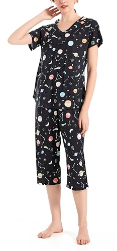 BERDITH Damen Schlafanzug Kurz Sommer Pyjama Baumwollmischung Nachtwäsche Hausanzug 3/4 Lange Capri Hose Sleepshirt Zweiteiliger Damen Nachthemd Kurzarm aus Baumwolle softweich Große Größen von BERDITH