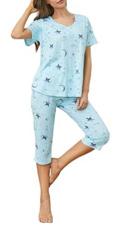 BERDITH Damen Schlafanzug Kurz Sommer Pyjama Baumwollmischung Nachtwäsche Hausanzug 3/4 Lange Capri Hose Sleepshirt Zweiteiliger Damen Nachthemd Kurzarm aus Baumwolle softweich Große Größen von BERDITH