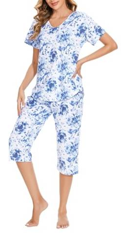 BERDITH Damen Schlafanzug Kurz Sommer Pyjama Baumwollmischung Nachtwäsche Hausanzug 3/4 Lange Capri Hose Sleepshirt Zweiteiliger Damen Nachthemd Kurzarm aus Baumwolle softweich Große Größen von BERDITH