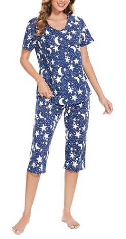 BERDITH Damen Schlafanzug Kurz Sommer Pyjama Baumwollmischung Nachtwäsche Hausanzug 3/4 Lange Capri Hose Sleepshirt Zweiteiliger Damen Nachthemd Kurzarm aus Baumwolle softweich Große Größen von BERDITH