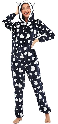 BERDITH Jumpsuit Onesie Damen Schlafoveralls Weihnachten mit Kapuze Trainingsanzug Einteiler Pyjamas Kuscheliges Schlafanzug Langarm Strampler Xmas für Frauen Mädchen, S, Blau von BERDITH