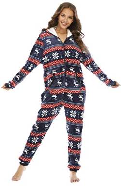 BERDITH Jumpsuit Onesie Damen Schlafoveralls Weihnachten mit Kapuze Trainingsanzug Einteiler Pyjamas Kuscheliges Schlafanzug Langarm Strampler Xmas für Frauen Mädchen von BERDITH