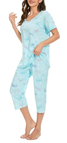 BERDITH Womens Plus Size Summer Pyjamas Sets Loungewear Summer Pjs Sets Cotton Sleepwear Short Sleeve Top and 3/4 Capri Pants Floral Print Sleep Shorts S M L XL XXL XXXL von BERDITH