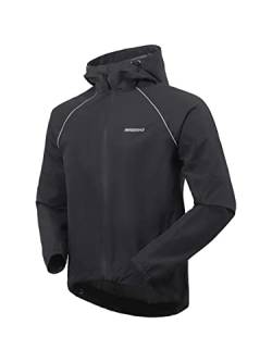 BERGRISAR Herren Fahrradjacke Regenjacke mit Kapuze Wasserdicht Atmungsaktiv Leicht Laufjacke Wanderjacke Windbreaker Schwarz Groß von BERGRISAR