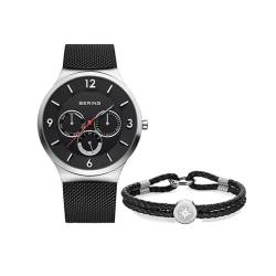 BERING Herren Set Analog Quarz Armbanduhr aus der Classic Collection und ein schwarzes Armband aus Kalbsleder 33441-102-GWP von BERING
