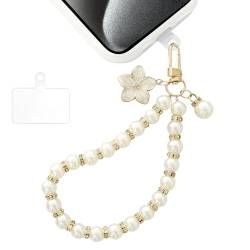 BERITNI Perlen-Handyanhänger, abnehmbare Handy-Handschlaufe, freihändiger Schlüsselanhänger, ästhetische Perlen-Handykette, Handyhüllen-Zubehör für Frauen und Mädchen, Weiß von BERITNI