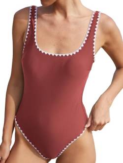 BERLOOK Damen Sexy Badeanzug Kontrastnaht Rückenfrei Einteiler Badeanzug, Ziegelrot, Large von BERLOOK