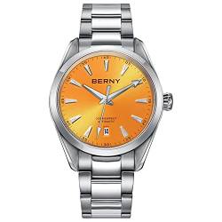 BERNY Automatische Uhr für Herren NH35 Uhrwerk mechanische Uhren mit einschraubbarer Krone 20ATM wasserdichtes Saphirglas Edelstahl Armbanduhr super leuchtend, gelb, Automatikuhr, mechanisch, selbstaufziehend von BERNY