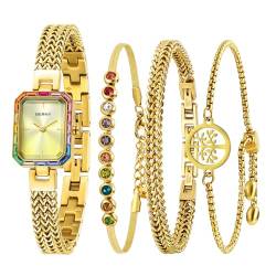 BERNY Gold Uhr für Frauen Petite Armband Uhr farbigen Steinen akzentuiert Gehäuse 3ATM wasserdicht Damen Minimalistische Uhren und Armband Set von BERNY