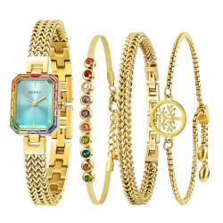 BERNY Gold Uhr für Frauen Petite Armband Uhr farbigen Steinen akzentuiert Gehäuse 3ATM wasserdicht Damen Minimalistische Uhren und Armband Set von BERNY
