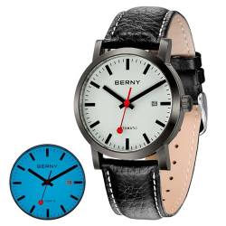 BERNY Men Mechanic Calendar Automatic Watch - Luminous Large Face with Date Function Leather Band Wristwatch (Black) von BERNY