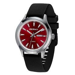 BERNY Quarzuhr für Herren Miyota 2105 Bewegung Mode Sport Wirstwatch 3ATM Wasserdicht Tag Datum Bunte Zifferblätter Schnellverschluss Silikon Uhrenarmband, Rot/Ausflug, einfarbig (Getaway Solids), von BERNY