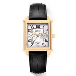 BERNY Square Uhren für Männer Schweizer Uhrwerk Quarzuhr Rechteckiger Kalender Lederarmband Uhr von BERNY