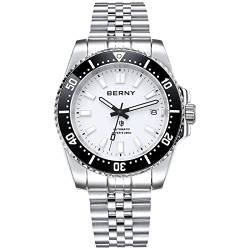 BERNY Taucheruhr für Herren AR-Beschichtung Saphirglas drehbare Lünette Automatische Armbanduhr mit einschraubbarer Krone 20ATM Wasserdicht Edelstahl Armband Uhren Super Leuchtend Weiß von BERNY