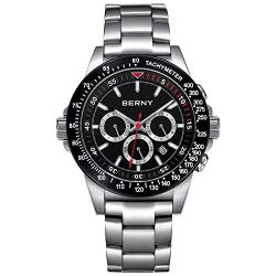 BERNY Uhr für Männer Chronograph Quarzuhr Edelstahl Aviator 10ATM wasserdichte Armbanduhren Leuchtende Herrenuhren von BERNY