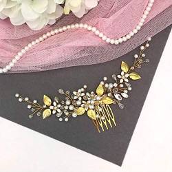 BERYUAN Frauen Hochzeit Gold Blätter Blume Strass Perlen Haarkamm Gold Hochzeit Haarkamm Blume Blätter Perle Braut Stirnband Gold Braut Haarschmuck für Hochzeit Frauen Mädchen (Gold) von BERYUAN