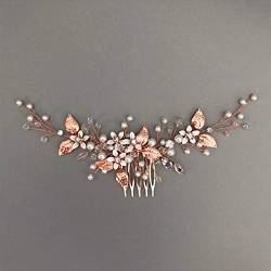 BERYUAN Frauen Hochzeit Rose Gold Blätter Blume Strass Perlen Haarkamm Hochzeit Haarkamm Blume Blätter Perle Braut Stirnband Rose Gold Braut Haarschmuck für Hochzeit Frauen Mädchen (Roségold) von BERYUAN